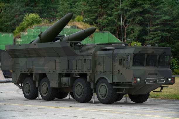 istock Iskander: SS-26 Stone- short-range land-based ballistic missile (SRBM) on a mobile vehicle platform with a TEL-type launcher 2195012788