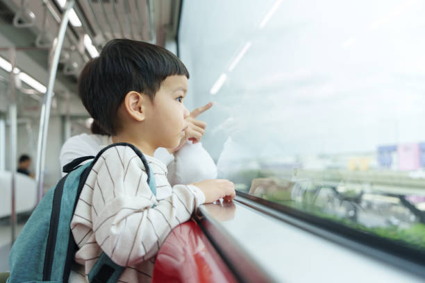istock Child with a backpack on a train looking outside while his mother points at the view. 2195018818