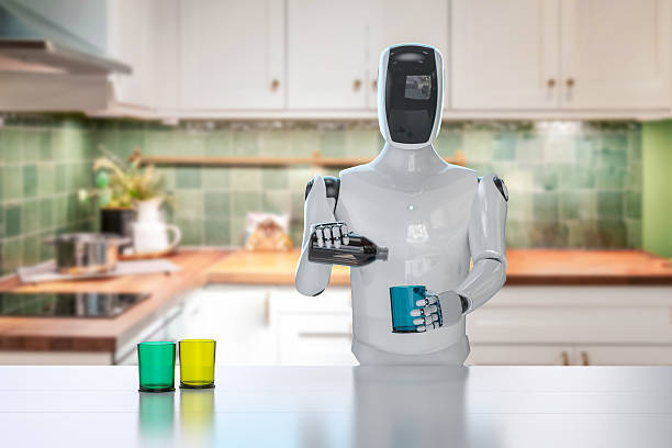 robô assistente doméstico ou ciborgue na cozinha - robot waiter - fotografias e filmes do acervo