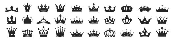 Crown king icon set isolated on transparent background. Collection different crown sign, silhouette crown symbol