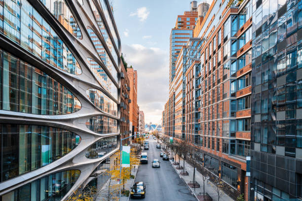 elevated view into  street in Chelsea/New York City with modern residential and business architecture