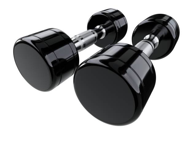 istock Two blank Round Dumbbells, black weightlifting gym equipment wide angle view 2195033122