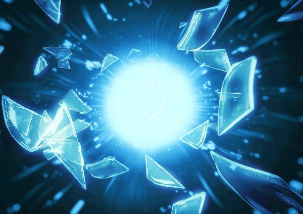 istock 3d illustration of broken glass shards and blue light rays scattering 2195034448
