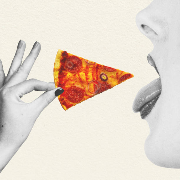 Abstract collage illustration of woman hand putting triangle pizza slice in her open mouth with sticking out tongue. Grunge and noise effect applied. Retro vintage style