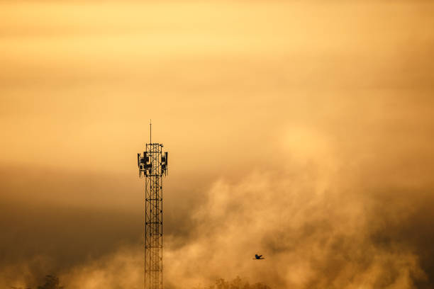 Cell Tower Silhouette, A cell tower stands tall against a dramatic golden sunset, its silhouette a symbol of connectivity and communication amidst a vast, ethereal landscape.