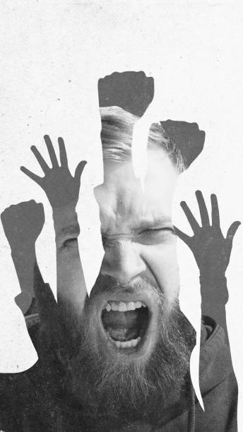 istock Bearded man shouting, layered with raised fists silhouettes, symbolizing passion and strength in social movements. Textured background. Conceptual design. 2195043781