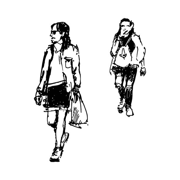istock Two walking girls. Full-body character. Hand-drawn sketch. 2195044186