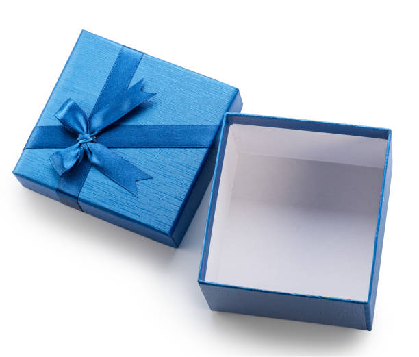 istock Opened blue gift box and lid with satin bow near it isolated on white background. File contains clipping path. 2195046778