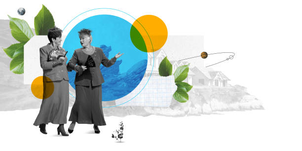 istock Two elderly women elegantly dressed, walking and talking chatting with colorful abstract shapes and floral details in background. Creative art collage. 2195048422