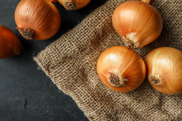 istock Fresh yellow onions placed on a rustic burlap fabric, showcasing their natural texture. Ideal for culinary themes, organic food concepts, or traditional kitchen settings 2195050723