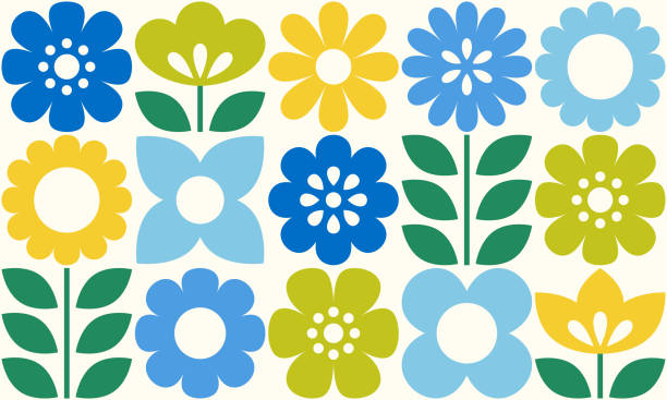 ilustraciones, imágenes clip art, dibujos animados e iconos de stock de graphic flowers and leaves icons seamless pattern - cabeza de flor