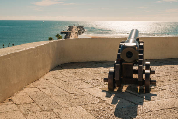 istock Cannon pointed towards a jetty, beach, and sparkling ocean under a sunny sky. 2195056347