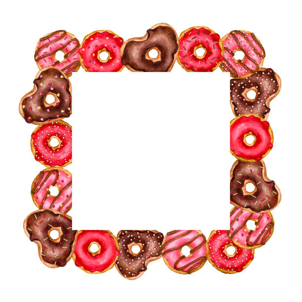 istock Square frame made of donuts. Watercolor hand drawn frame for postcard, invitation, poster, banner, menu. Valentine's day, birthday, children's party. Isolated on white background. 2195059611