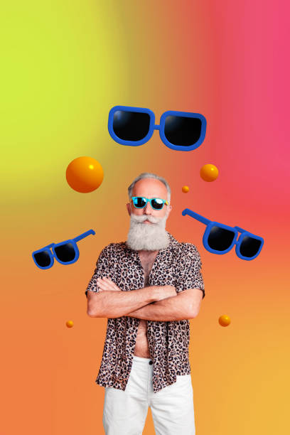 istock Creative vertical photo collage standing retired man sunglass folded hands stylish funky man grandfather tourist vacation summertime 2195059994