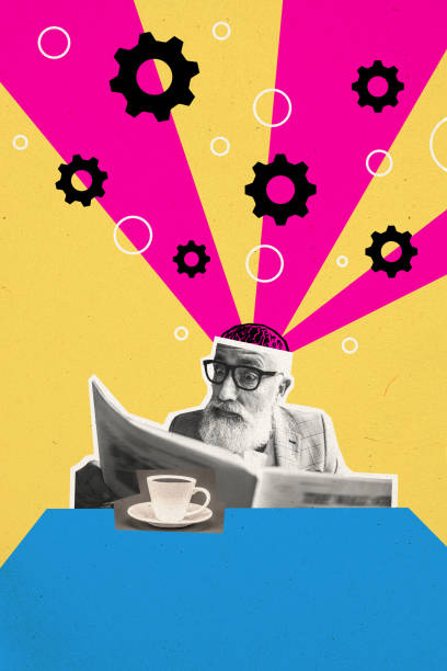 Collage picture image of elderly senior man pensioner reading newspaper drinking aromatic tasty coffee in the morning lunch brunch.