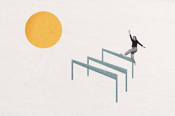istock Photo collage creative picture young woman make step go walk persistent target destination self determination improvement white background 2195060686