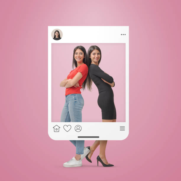Twin women posing and social media post