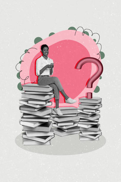 istock Vertical creative collage poster sitting young girl knowledge book reading concept question mark find solution literature unsure 2195062496