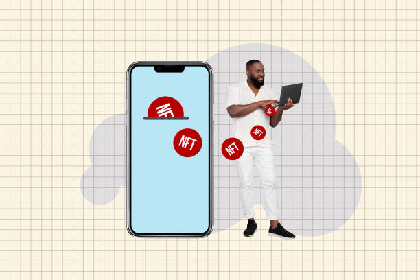 istock Creative photo collage standing young man successful trader cryptocurrency virtual assets investor rich nft checkered background 2195064005