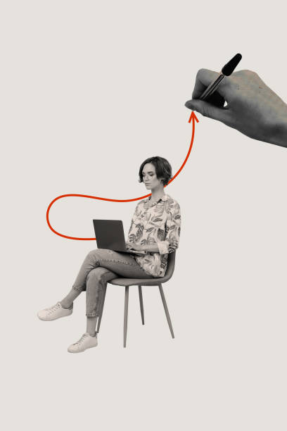istock Vertical collage young businesswoman sitting stool when working in laptop drawing graphic line increase income isolated on grey background 2195064780