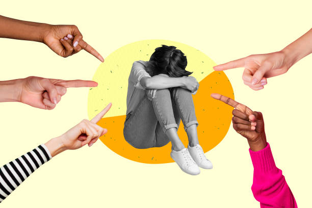 3D photo collage trend artwork composite sketch image of young sad lady sit on floor five hands show finger point shame mock funny