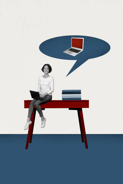 istock Sketch image trend artwork 3D photo collage of young student lady hold computer sit on huge table near book pile think about new laptop 2195064904