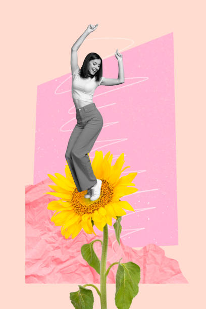 istock Composite sketch surreal collage of black white silhouette cute lady dance on huge spring sunflover holiday 8 march woman day 2195067865
