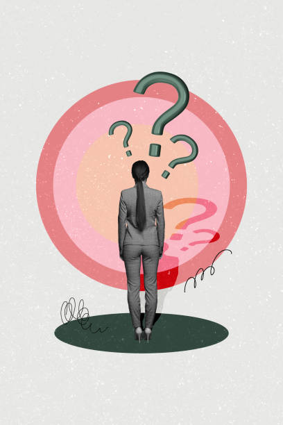 istock Collage picture of young business lady standing and solving problem question mark isolated on drawing background 2195069013
