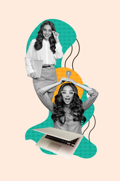 istock Vertical collage photo young two ladies corporate workers think idea business solution successful strategy plan laptop gadget 2195069063