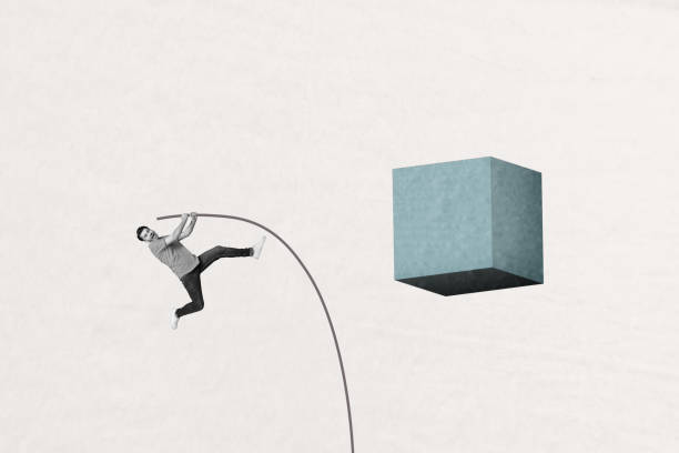 istock Creative photo collage picture young man jumper overcome geometry cube obstacle challenge reach success purpose target white background 2195069673