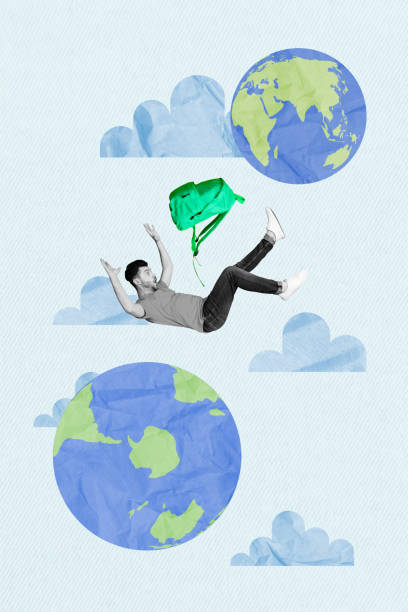 istock Vertical poster falling young guy sky clouds planet earth homeless traveler tourist backpack migration drawing background 2195069742