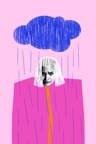 istock Modern art design. Woman under blue cloud, rain falling, dressed in pink, showcasing symbolic representation of overwhelming sadness and depression. 2195071741