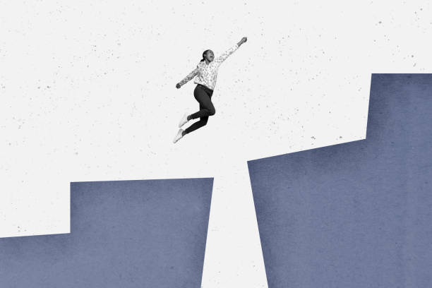 istock Creative image photo collage flying young excited girl overcome obstacle abyss hole motivation reach goal target white background 2195072374
