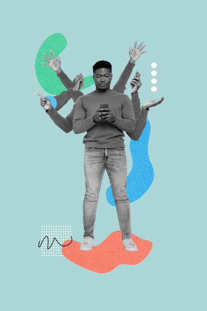 istock Vertical photo collage standing young man browsing phone many arms behind online forum communication social network drawing background 2195074552
