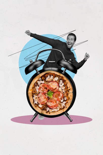 istock 3d retro abstract creative artwork template collage of excited man dancer clock timer pizza food delivery weird freak bizarre unusual 2195074874