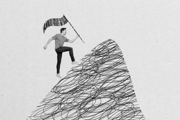 Creative photo collage young man climb mountain rock carry flag destination finish accomplish done achieve goal target dream.