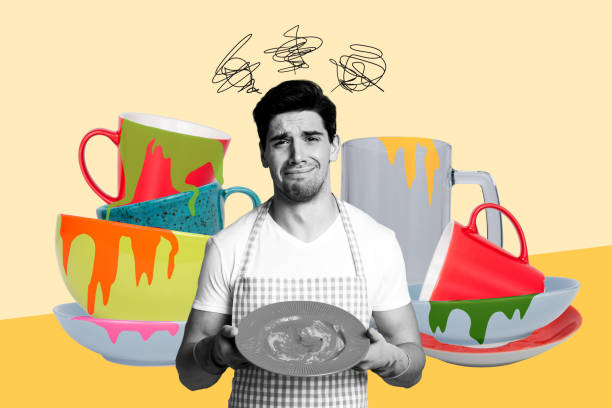 istock Sketch image composite artwork 3D collage of young existed upset guy household hold dirty dishes in hand huge pile kitchen plates behind 2195075280