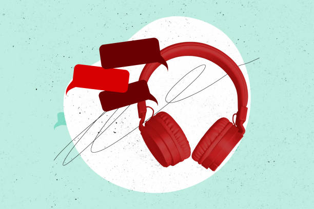 Creative photo collage red headphones listen music dialogues conversation textboxes forum discussion communication drawing doodles