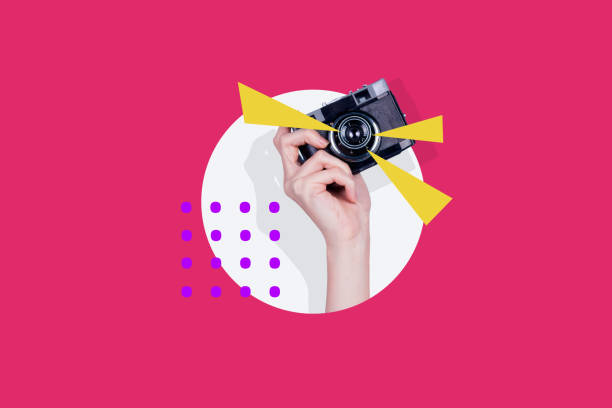 istock Creative collage human hand holding vintage photocamera objective lens paparazzi flash take picture drawing colored background 2195078747