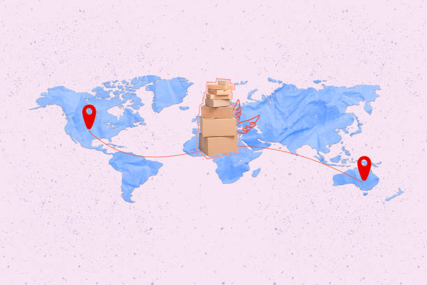 Collage image of pile stack boxes painted wings fly deliver destination location mark world map isolated on creative background.