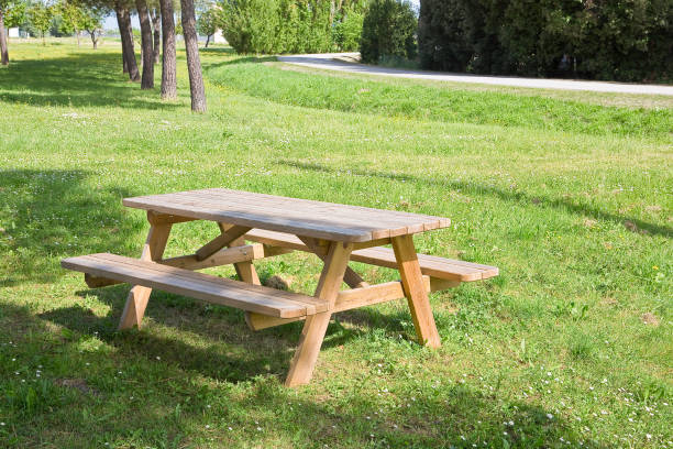 istock Wooden picnic table with bench in a public park, offering shaded spots beneath leafy trees 2195084251