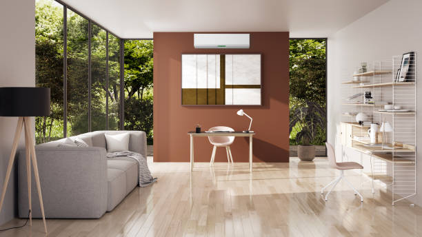 istock modern bright interiors room with air conditioning and remote control illustration 3D rendering 2195089677