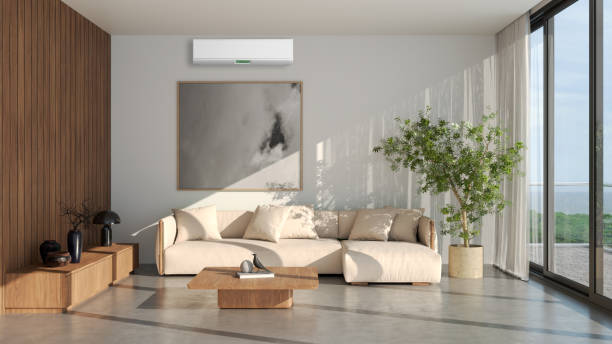 istock modern bright interiors room with air conditioning and remote control illustration 3D rendering 2195089682