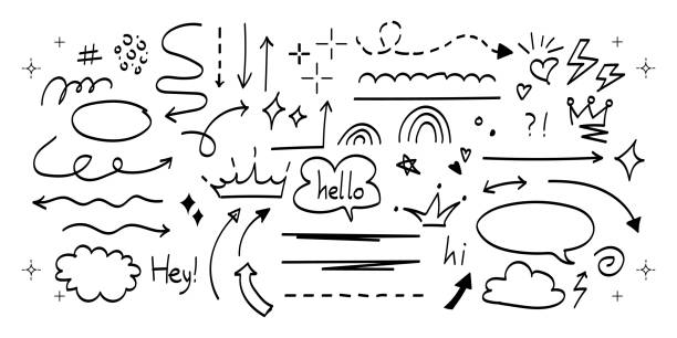 손으로 그린 귀여운 낙서 벡터 세트. - 낙서 드로잉 stock illustrations