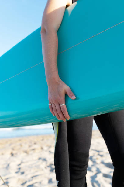 A turquoise surfboard lies on sandy beach facing rolling ocean waves under clear sky, evoking summer adventure and surf vibes.