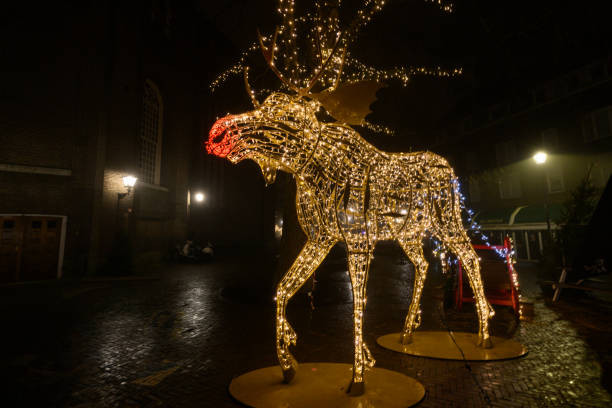 Illuminated Christmas deer decoration in the city at night during december holiday month in Zwolle, Overijssel, The Netherlands.