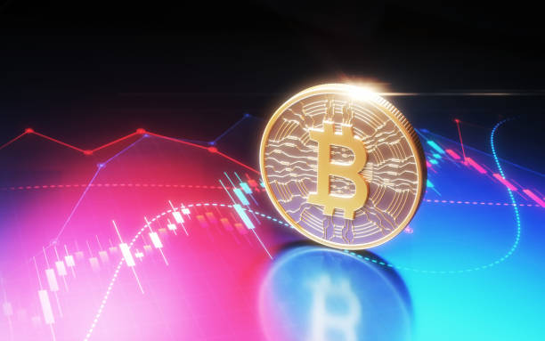 istock Bitcoin on Red and Blue Financial Chart, Depth Of Field 2195103425
