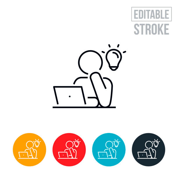 Business Person Creatively Brainstorming Ideas While Sitting in Front of Laptop Thin Line Icon - Editable Stroke An icon of a business person creatively brainstorming ideas while sitting in front of a laptop computer, symbolized by a lightbulb symbol. The icon includes editable strokes or outlines using the EPS vector file. learning stock illustrations