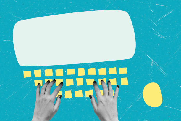 istock Modern art collage artwork depicting typing hands on an improvising keyboard on a blue background. 2195105291