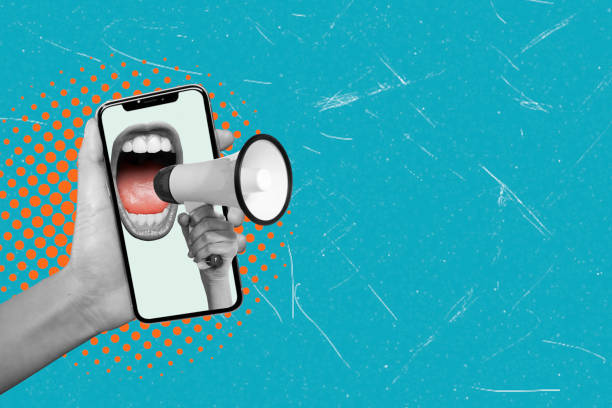 istock Modern art collage featuring a hand with phone and megaphone on a blue background, copy space for advertising. 2195105320